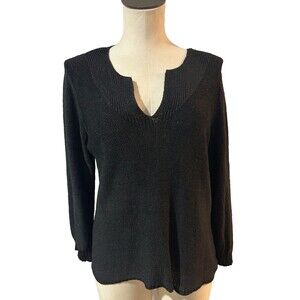 Sigrid Olsen Vintage Women’s Silk Knit Sweater Top size XL Black Split V-Neck